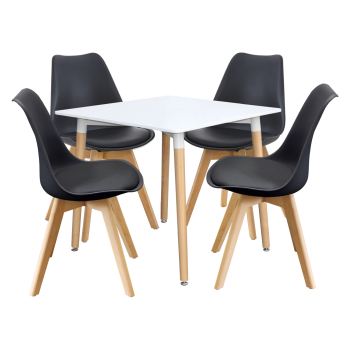 Esstisch 80x80 UNO weiß + 4 Stühle QUATRO schwarz