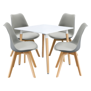 Esstisch 80x80 UNO weiß + 4 Stühle QUATRO grau