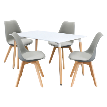 Esstisch 140x90 QUATRO weiß + 4 Stühle QUATRO grau