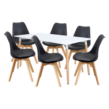 Esstisch 160x90 QUATRO weiß + 6 Stühle QUATRO schwarz