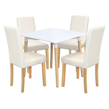 Esstisch ONE 80x80 weiß + 4 Stühle PRIMA weiß/helle Beine