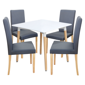 Esstisch ONE 80x80 weiß + 4 Stühle PRIMA grau/helle Beine