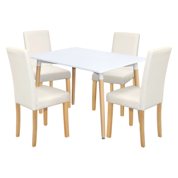 Esstisch ONE 120x80 weiß + 4 Stühle PRIMA weiß/helle Beine