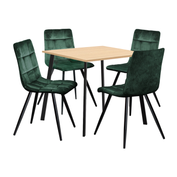 Esstisch 80x80 BERGEN Eiche + 4 Stühle BERGEN grüner Samt