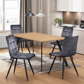 Esstisch 120x80 BERGEN Eiche + 4 Stühle BERGEN grauer Samt